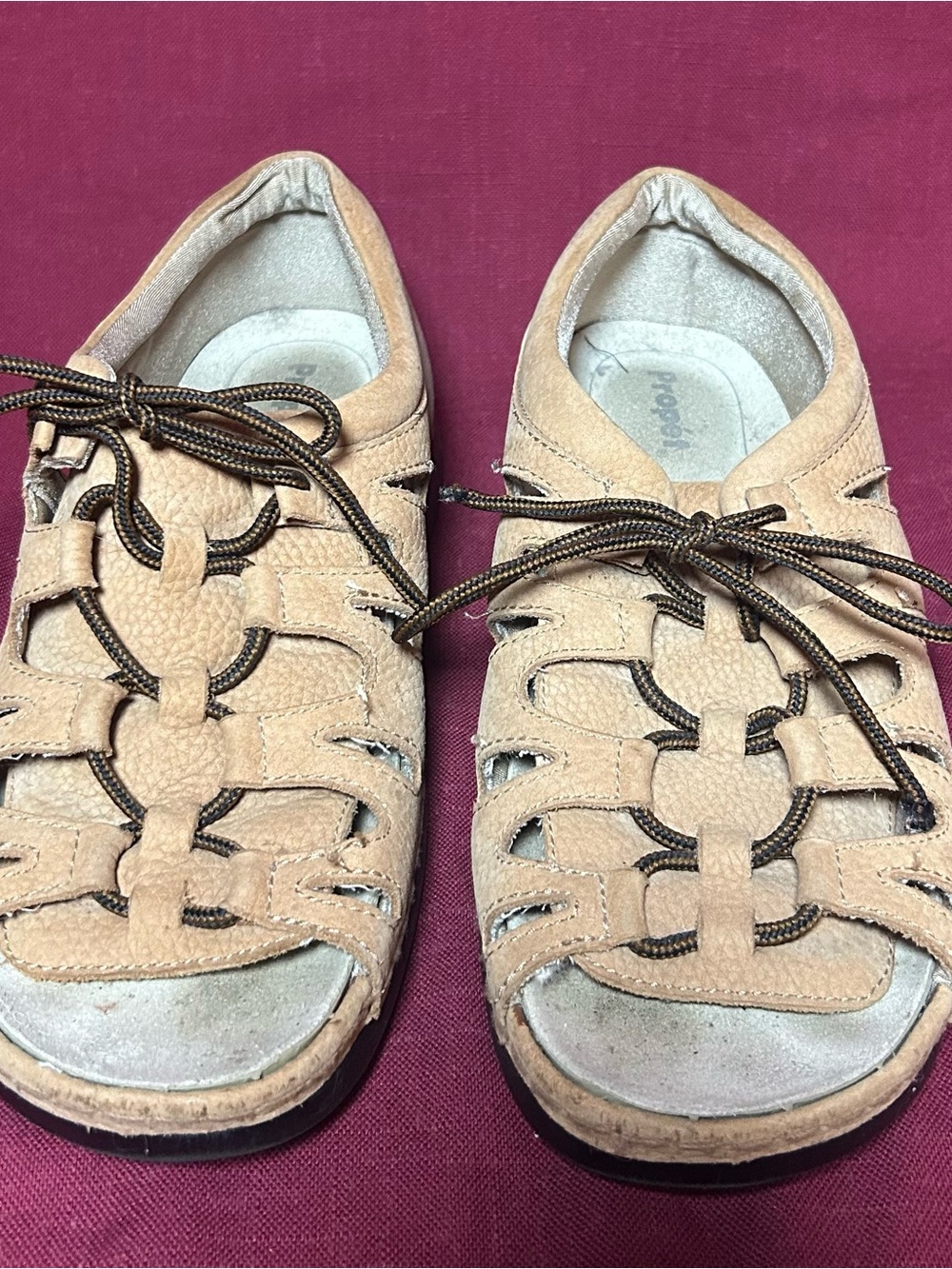 Propet Tan Lace-Up Woven Comfort Sandals